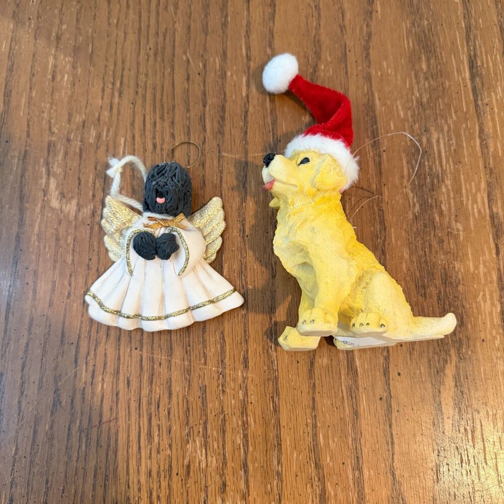 Vintage Dog Christmas Ornaments Lot Black Angel Dog Golden Retriever Santa Hat